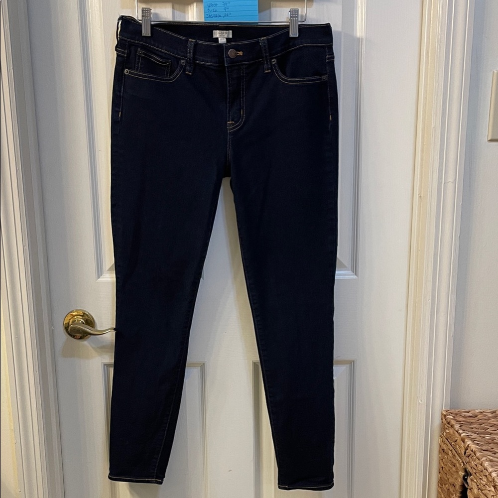 J. Crew Women Slim Straight Jeans in Dark Indigo with Gold Stitching